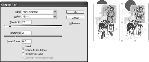 The original graphic (the one on the left above) has an opaque white background. Choosing an alpha channel and adjusting the settings in the Clipping Path dialog box produced the variation on the right. Notice how the circular shape behind the graphics frame is visible through the background of the graphic on the right that uses an alpha channel as a clipping path.