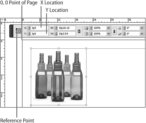 In this example, the upper-left corner of the selected object is its reference point. The X Location and Y Location values in the Control panel show that the upper-left corner of the object is one-half inch (3 picas) inside the left edge of the page and one-half inch below the top edge.