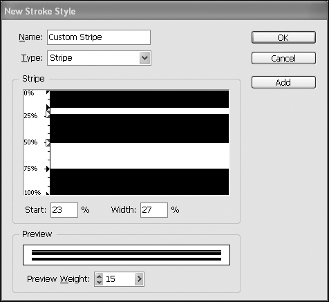 The controls for creating a custom stripe. The controls are slightly different for Dash and Dotted strokes.