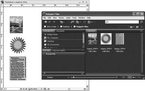 The graphics frame in the InDesign document window on the left was dragged into the Bridge window on the right to create a snippet.