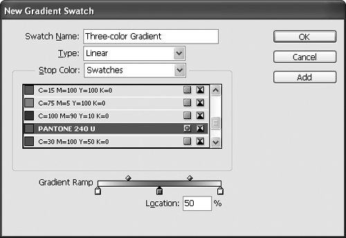 The controls in the New Gradient Swatch dialog box let you choose a gradient’s colors.