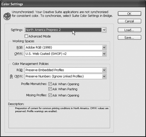 One option for managing color in InDesign is to choose one of the built-in settings available in the Settings menu of the Color Settings (Edit > Color Settings) dialog box.