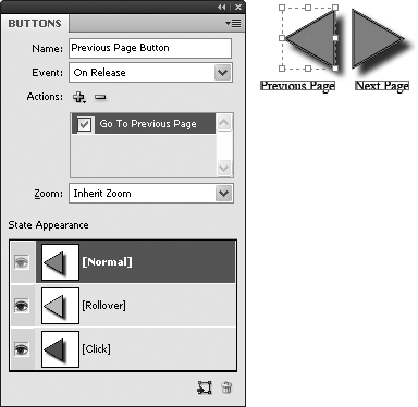 The controls in the Buttons panel determine what happens when a user of the exported file interacts with the button. In this example, the left-pointing triangle at the top has been configured to work as a Go To Previous Page button in the exported SWF and PDF files. .