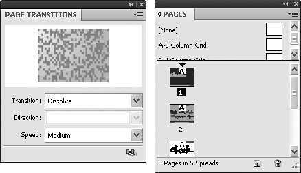 When you choose a page transition, it’s applied to the pages that are currently selected in the Pages panel. In this example, pages 1 and 2 are selected, so the dissolve transition will display at medium speed—as specified in the Page Transition panel—when these pages are displayed after the file is exported as SWF or PDF.