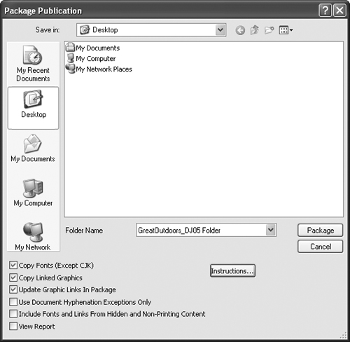 The Package command creates a folder into which the files you specify in the Create Package Folder dialog box are copied. Send the package folder to your print service provider for final output.