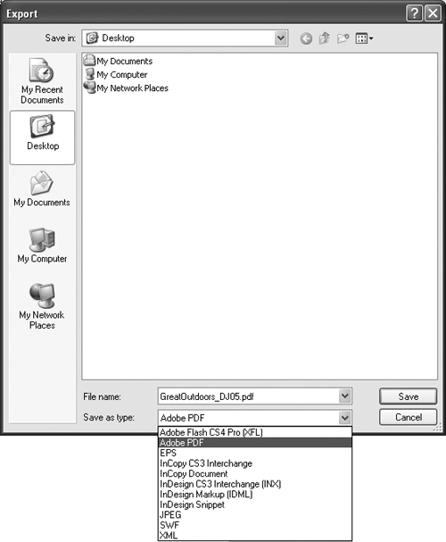 The Export dialog box, showing the formats available when an object is selected. When a text frame is selected, the insertion point is blinking, or text is highlighted, the Format menu in the Export dialog box includes text file formats, such as Rich Text Format and Text Only, as well as graphic formats, such as EPS and JPEG.