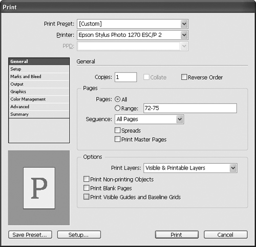 The Print dialog box contains several panes of controls for specifying printing settings. Here you see the General pane, which lets you choose a printer and specify the pages to print, and also provides options for printing objects, blank pages, and guidelines and gridlines that wouldn’t otherwise print.