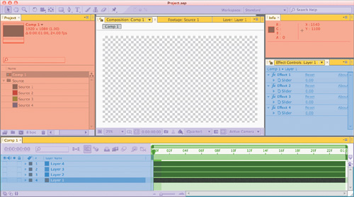 The Standard workspace layout, diagrammed in color. The top areas in red are informational only, while the purple areas contain tools and settings. The blue areas of the Timeline and Effect panel contain stacks whose order will change compositing order. Panel tabs, in yellow, can be grabbed to reorder the interface and contain menus at the upper right to adjust their appearance. The layer stack, in green, is modal and can be swapped for the Graph Editor.