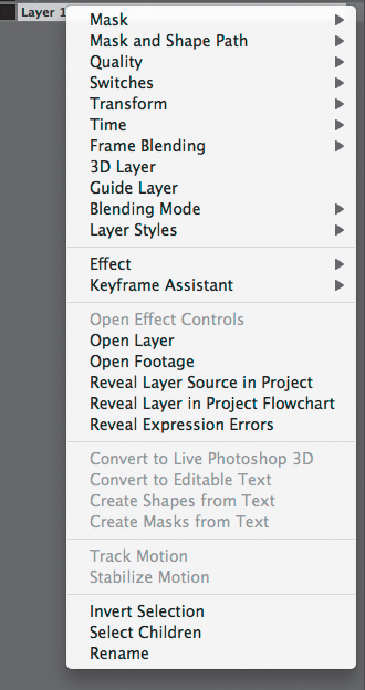 One of the biggest productivity boosts in After Effects comes from using the right mouse button of a two- (or more) button mouse, as context menus exist throughout After Effects and are always right under your cursor. This Layer context menu contains everything you’d want from the Layer menu, plus extra Timeline-specific commands.