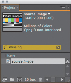 Missing footage is replaced with color bars, both in the Project thumbnail and anywhere the footage appears in the project. New in After Effects CS4, you can reveal all missing files in a Project by typing the word “missing” in the Project search field, highlighted in yellow.