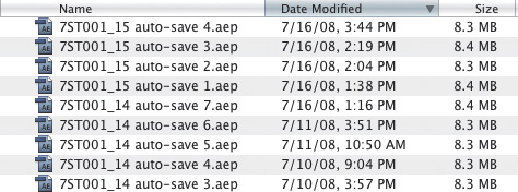 Auto-Save must be enabled, then at the default settings it creates 5 versions, writing a new one after each 20 minutes that you work (but not if your system sits idle). When number 5 is reached, 1 is deleted and 6 is written. When you increment the project, a new set of 5 is written. Here, each project is about 8 MB, which is large for an After Effects project but no problem compared to source file sizes.