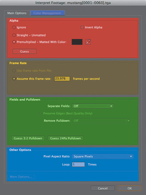 The Interpret Footage dialog is a checklist for getting footage settings correct before you ever assemble a comp. Alpha (red) determines transparency settings, Frame Rate (yellow) is particularly essential with an image sequence, Fields and Pulldown (green) and Pixel Aspect Ratio (under Other Options, blue) convert footage optimized for playback. The Color Management tab (purple) gets a complete treatment in Chapter 11.