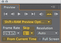 Highlighted in yellow are a few easy-to-miss options (from the top): loop options let you ping-pong footage, Shift+RAM Preview is a secondary previewing option with unique settings, the default difference is a Skip setting of 1 which previews every other frame but can be raised to any number you like, and you can preview From Current Time instead of the full Work Area.