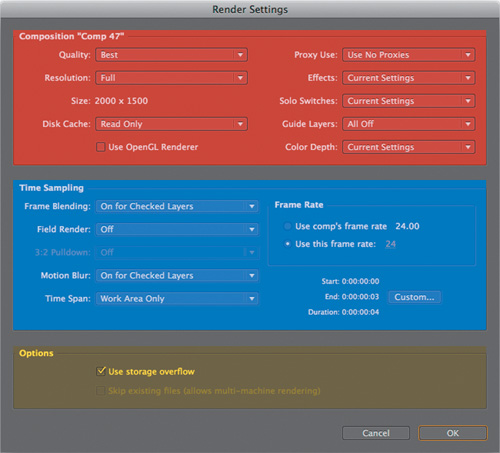 Maybe it’s helpful to see the sections of the Render Settings dialog highlighted; the real point is that the first section (in red) looks at how an individual frame is rendered, while the second (blue) section focuses on timing the whole sequence.