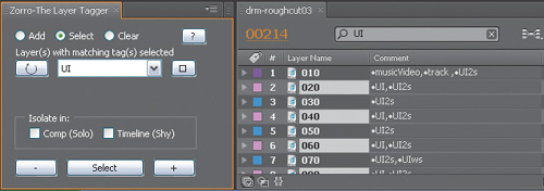 Comments have become much more useful with the new Timeline search field in CS4, and the third-party script shown here, “Zorro-The Layer Tagger” (from aescripts.com), makes them even more useful. Zorro not only holds a list of keywords to apply to or remove from selected layers, it even does nifty stuff such as make layers with a given tag instantly solo or shy.