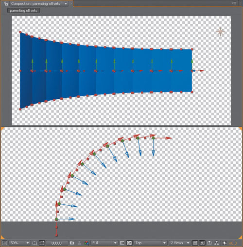 Until you know the trick, setting up a series of layers as an array seems like a big pain. The trick is to create the first layer, duplicate, and offset; now you have two. Duplicate the offset layer and—this is the key—Alt/Option+Parent the duplicate to the offset. Repeat this last step with as many layers as you need; each one repeats the offset. (Tip of the hat to Danny Princz!)