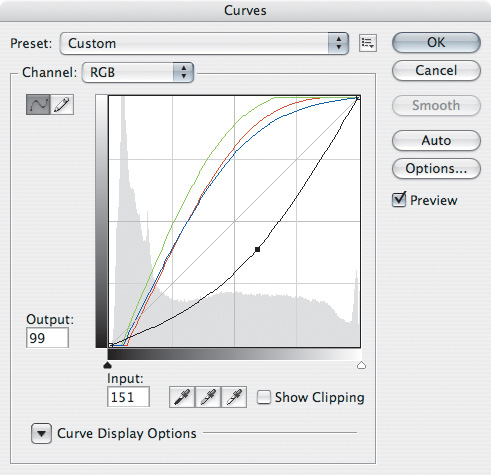 Photoshop’s more deluxe Curves includes a histogram, built-in presets, displays of all channels together, and fields for input and output values for a given point on the curve.