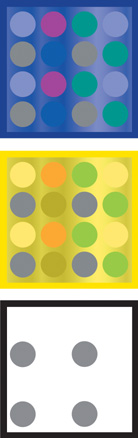 There are no yellow dots in the top image, and no blue dots in the middle image; the four dots shown in the bottom image are identical to their counterparts in the other two images.