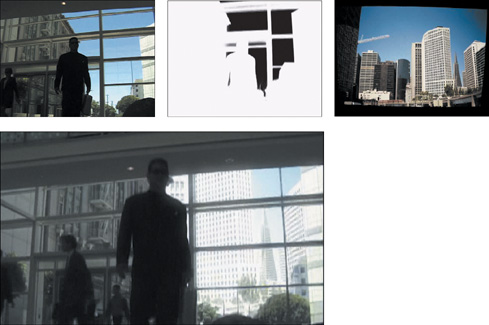 For an independent film with no budget set in San Francisco, the director had the clever idea of shooting it in a building lobby across the bay in lower-rent Oakland (top left), pulling a matte from the blue sky (top center), and match moving a still shot of the San Francisco skyline (from street level, top right) for a result that anyone familiar with that infamous pyramid-shaped building would assume was taken in downtown San Francisco (bottom). (Images courtesy of The Orphanage.)