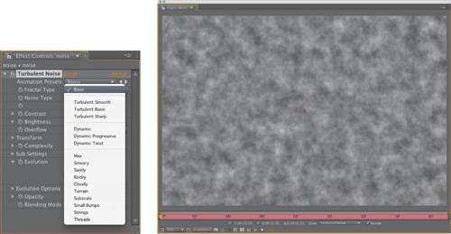 The new Turbulent Noise effect (shown at the default setting) is a decent stand-in for organic-looking ambient smoke and fog. Animate the Evolution if you want any billowing of the element. The same alternate Fractal Types as found in the older Fractal Noise effect are available, as seen in the pop-up menu.