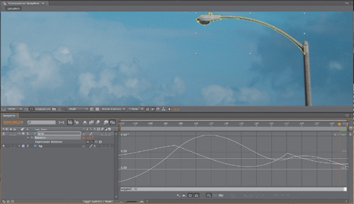 It’s impossible to do a full wind dynamics simulation in After Effects, but if there should be a little ambient motion to go with some moving clouds, look for simple ways to add it, such as this wiggle expression tied to the top of the light pole.