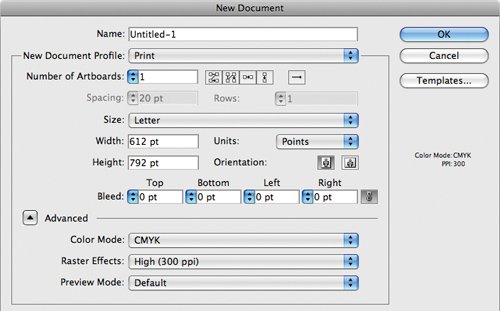 Clicking the arrow button next to Advanced lets you set additional options in the New Document dialog box.