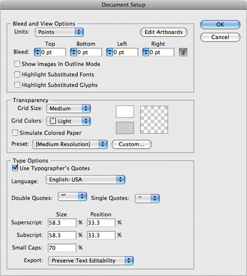The Document Setup dialog box was redesigned in Illustrator CS4 to display all the options at a glance.