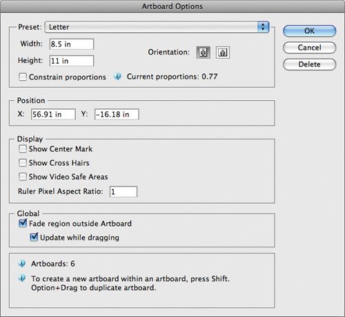 The Artboard Options dialog box provides additional settings for each artboard.