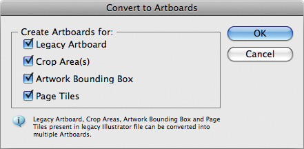 The Convert to Artboards dialog box helps you migrate legacy files to the new multiple artboards workflow.