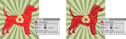 On the left, the vector shape’s fill is set to Overprint, as shown in the Appearance panel. On the right, with Overprint Preview turned on, you can see the effects of the overprint.