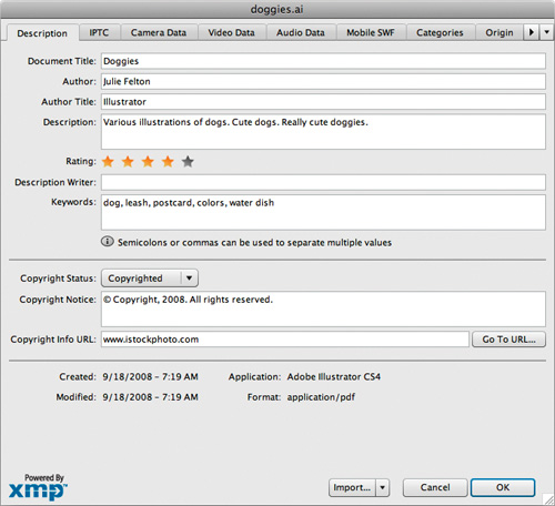 The File Info dialog box in Illustrator stores keywords and other metadata using the XML-based XMP standard.