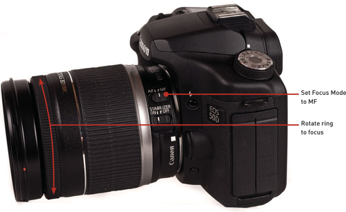 Slide the focus switch on the lens to the MF position to manually focus.