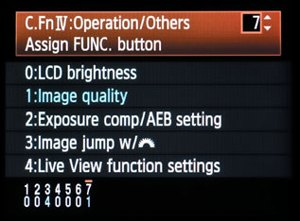 I set up my Custom Function IV menu to have easy access to the Exposure Compensation feature.