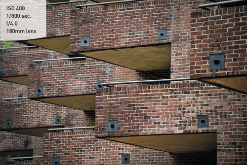 The patterns of these balconies, along with a shallow depth of field, create an almost three-dimensional effect.