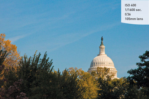 Not only did I place the tree line at the bottom third of the frame, I also moved the capitol dome to the side instead of the middle. This adds more interest to the subject and allows the eyes to move across the image in a more pleasing way.