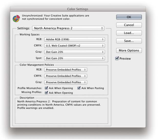 Figure 2.6 The Photoshop Color Settings. All the Photoshop color settings can be managed from within this single dialog ( [Mac][PC]) and shared with other Creative Suite applications (see Figure 2.7).