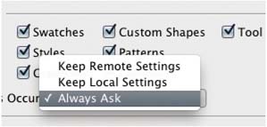 Figure 2.13 This shows the Sync Settings ‘When Conflicts Occur’ options. When the ‘Always Ask’ option is selected, you are given the option to decide how exactly you wish to handle a settings conflict. When ‘Keep Remote Settings’ is selected, the synchronization will overwrite the settings on the local machine with those from the Creative Cloud. When the ‘Keep Local Settings’ option is selected, the synchronization will always overwrite the Creative Cloud settings with those uploaded from the local machine.