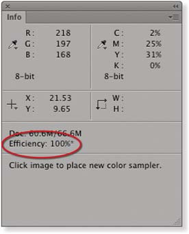 Figure 2.19 You can monitor how efficiently Photoshop is running by getting the Info panel options to display an Efficiency readout. If the efficiency reading drops below 100% this means that Photoshop is having to rely on the designated scratch disk as a virtual memory source.