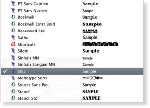 Figure 2.32 Photoshop presents the font lists using a WYSIWYG menu listing.