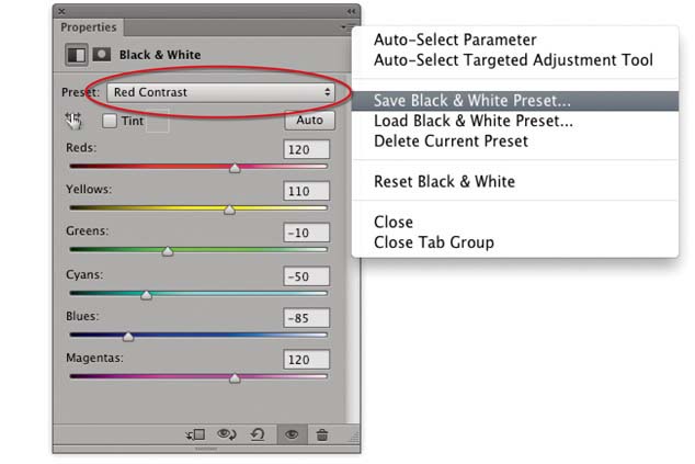 Figure 6.2 Once you have found a Black & White adjustment setting that you would like to use again, you can choose Save Preset… from the Properties panel options menu for the Black & White adjustment. The slider settings shown here were saved as a ‘Red Contrast’ preset. Saved presets can be accessed by mousing down on the Presets menu at the top of the Black & White adjustment Properties panel (circled).