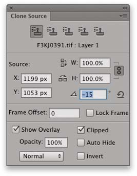 Figure 8.2 The Clone Source panel, shown here with the Show Overlay and Clipped options checked.