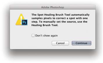 Figure 8.8 The spot healing brush warning dialog. You’ll see this if you accidentally try to sample a source point using thekey.