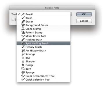 Figure 8.11 This shows the Stroke Path dialog, which can be accessed via the Paths panel when a pen path is active.