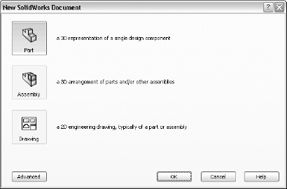 The New SolidWorks Document dialog box, using the Novice interface