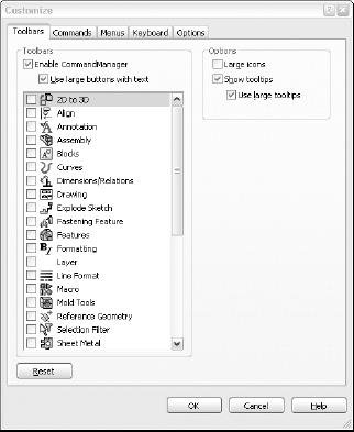 The Toolbars tab in the Customize dialog box allows you turn entire toolbars on and off.