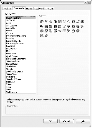 The Commands tab in the Customize dialog box