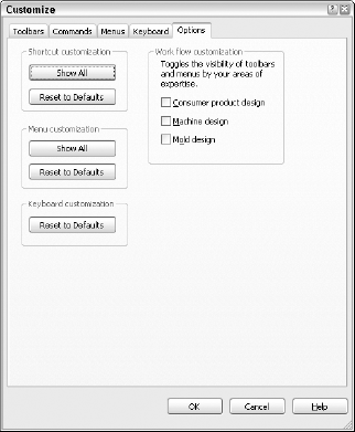 The Options tab of the Customize dialog box, where you can select a different workflow customization