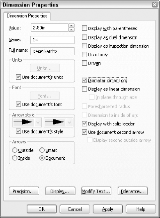 The Dimension Properties interface