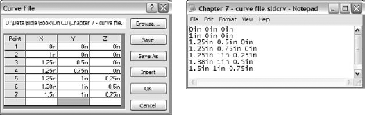 The Curve File dialog box showing a table of the curve through X, Y, and Z points, and a Notepad text file with the same information