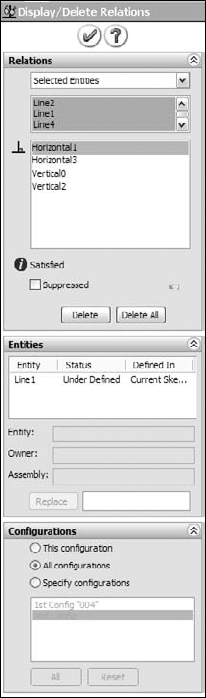 The Display/Delete Relations dialog box for configuring sketch relations